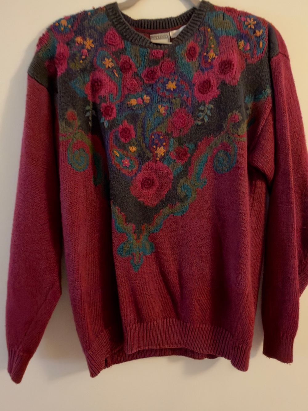 Vintage Jantzen Wine Crewneck Sweater with Teal & Pink Floral Intarsia